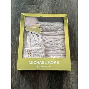 NEW Michael Kors Hat and Scarf Set Womens OS Pink Cable Knit Faux Fur Pom Beanie